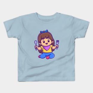 Cute Girl Holding Spoon And Fork Cartoon Kids T-Shirt